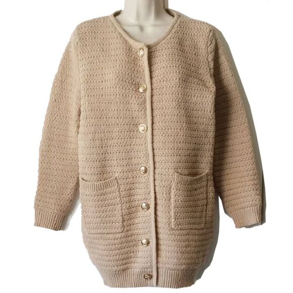 Oversized Long Textured Cardigan S Tan Metal Logo Buttons - Picture 1 of 7
